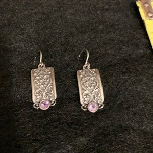 Sterling silver drop earrings. Vintage style with scroll and purple stone